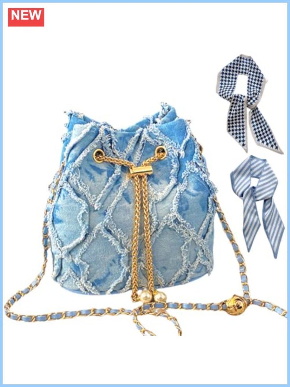 Quilted Drawstring Denim Bucket Bag with Adjustable Crossbody Strap and Hair